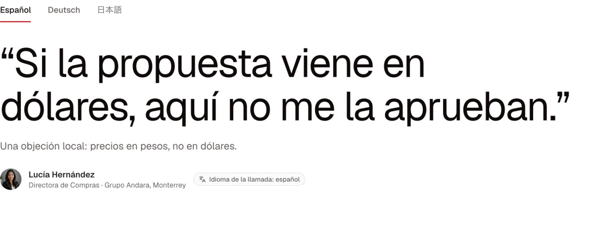La objeción de una compradora de Monterrey en letra grande, con el idioma de la llamada