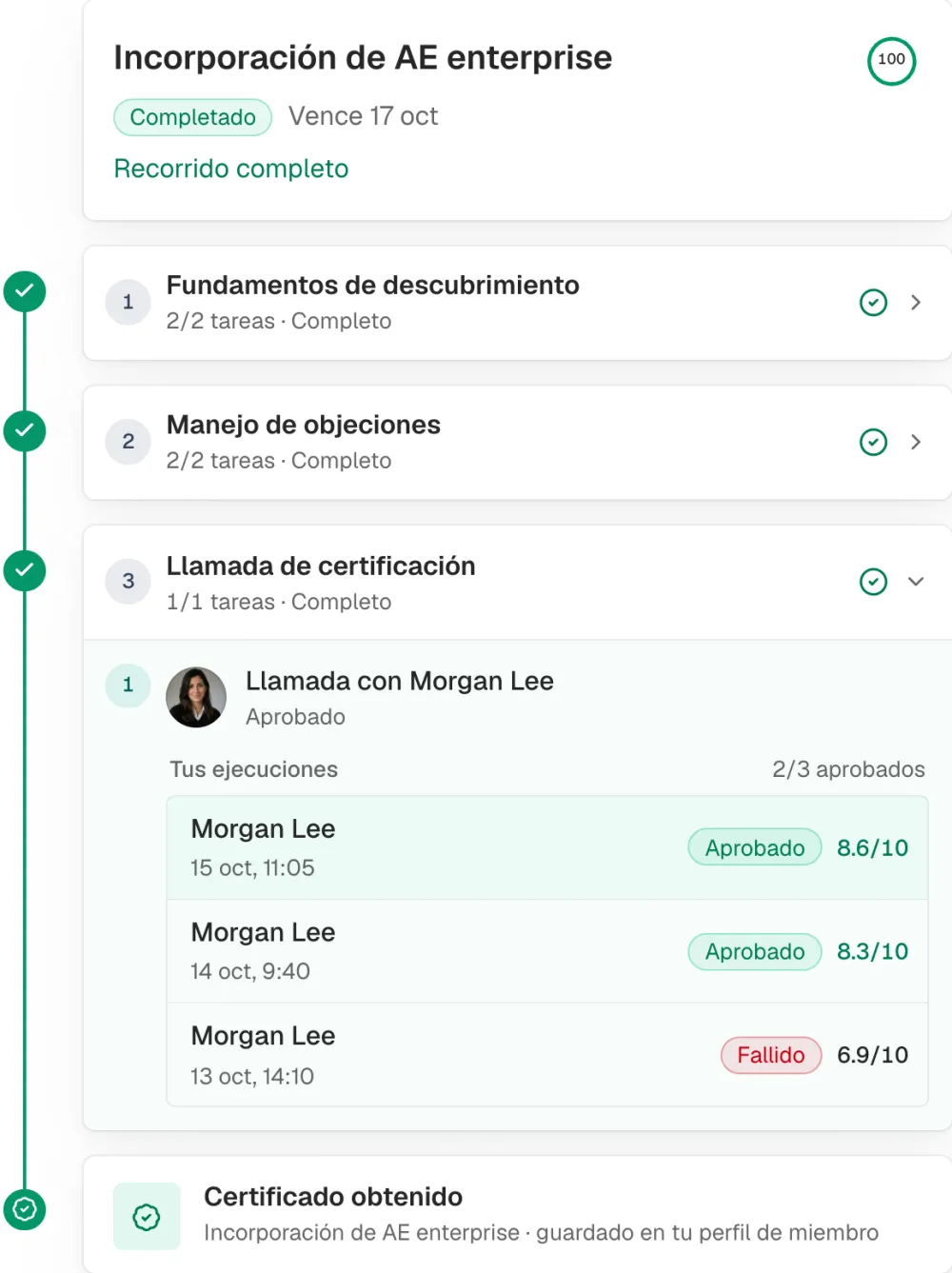 La ruta de incorporación de un representante con intentos aprobados y el certificado obtenido