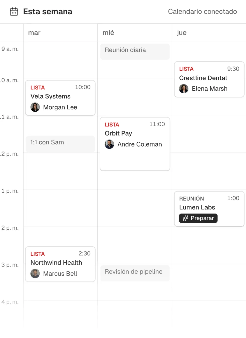 La semana de un representante con reuniones de ventas listas para practicar