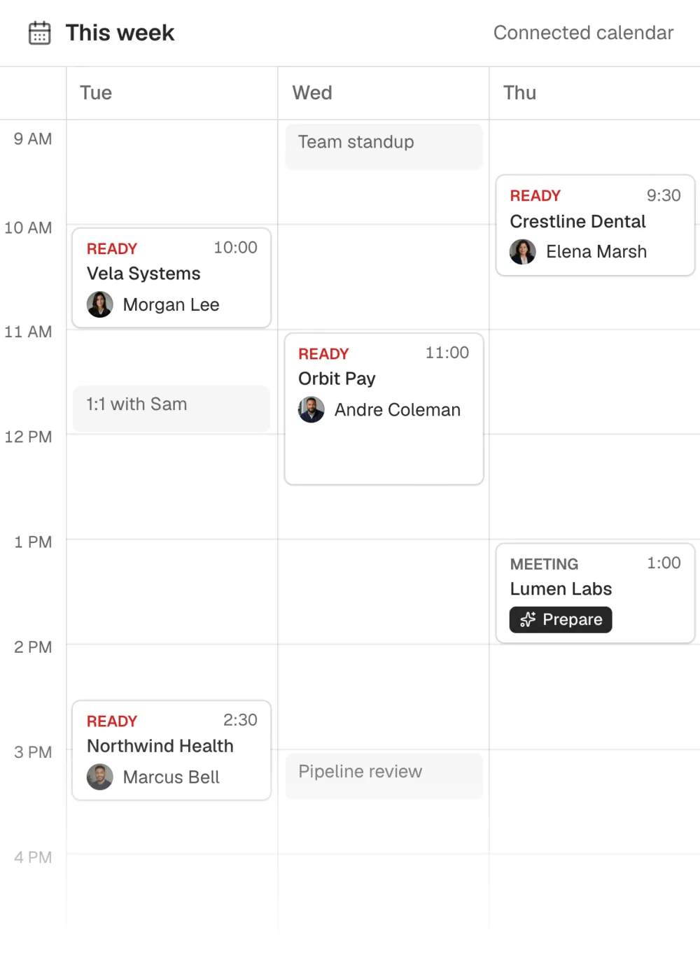 A rep's week with sales meetings marked ready for practice