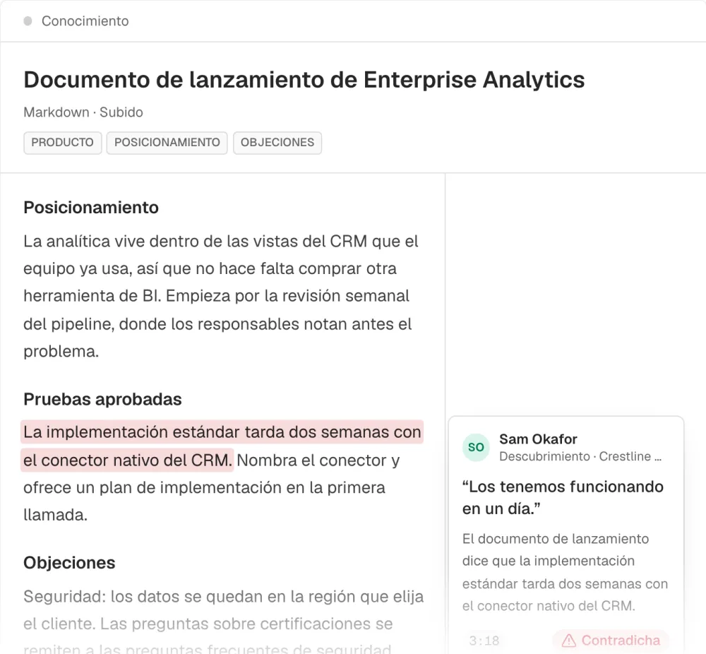 Un brief de lanzamiento con una nota de llamada que marca una afirmación como contradicha