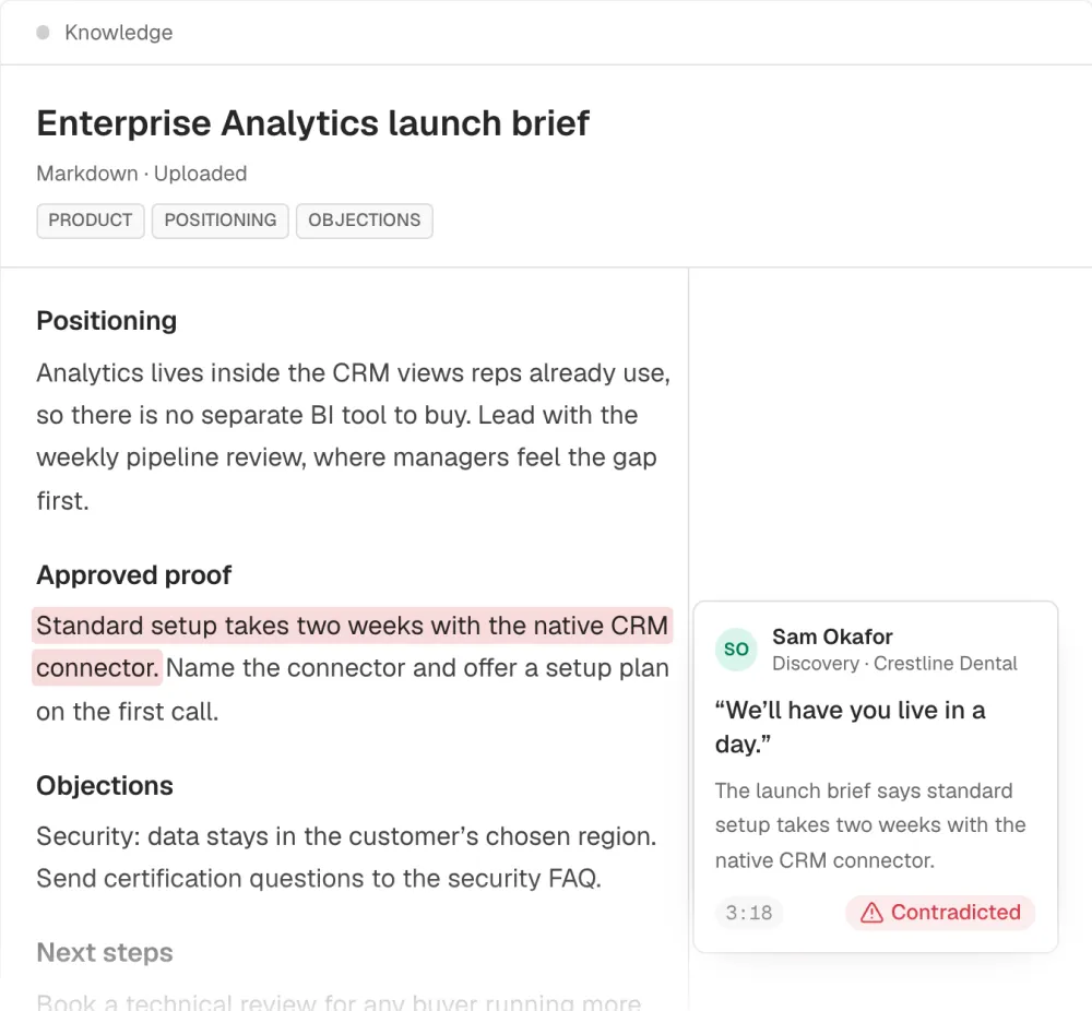 A launch brief with a call note marking one claim as contradicted