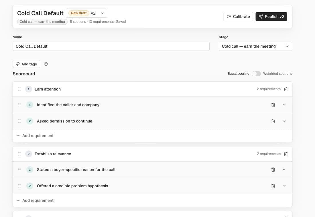 Quotain scorecard builder showing a cold call scorecard organized into sections of observable requirements.