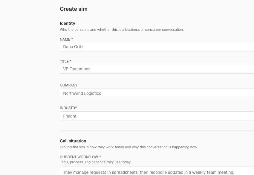Quotain simulation builder with buyer identity and call situation fields