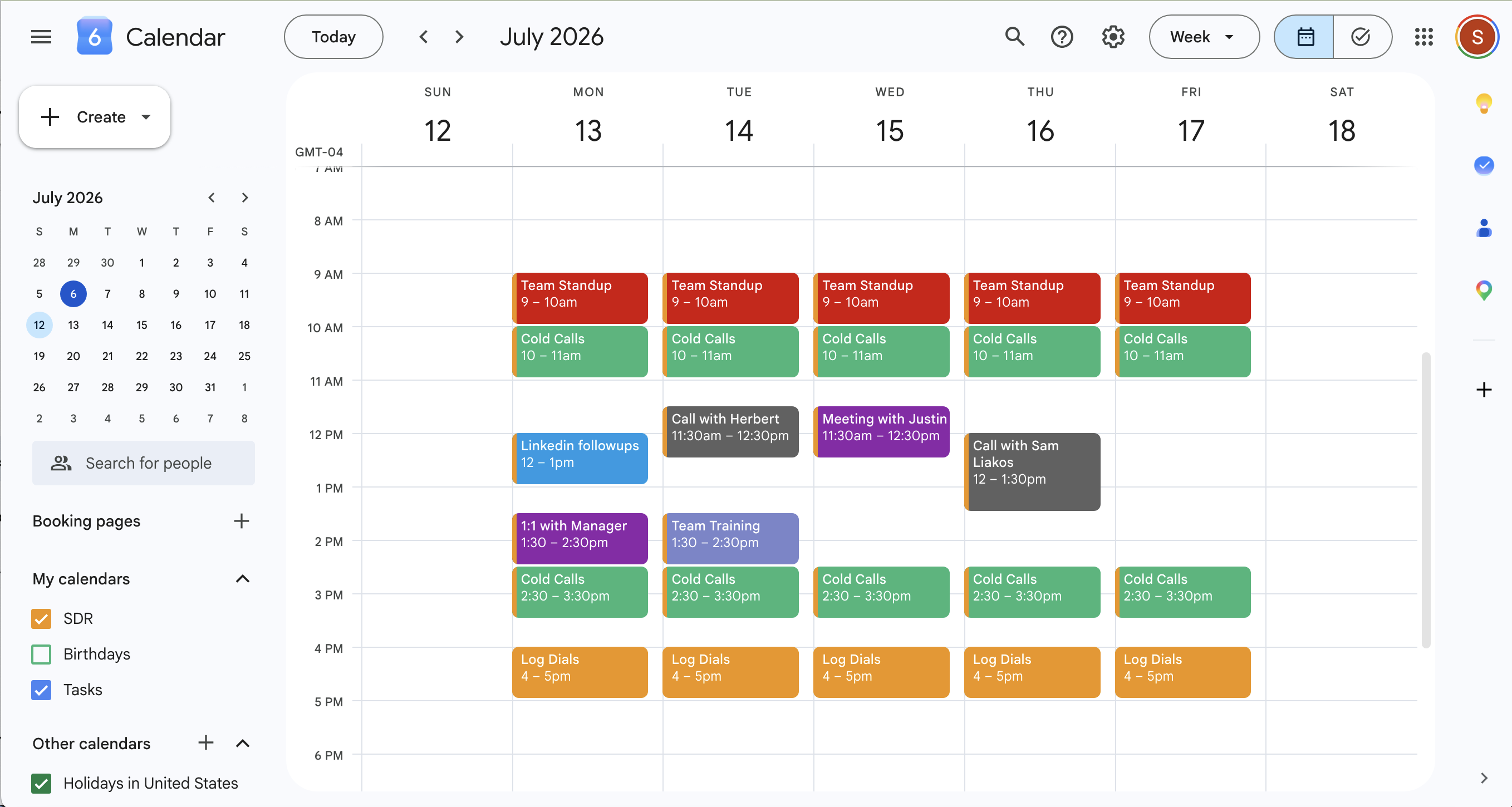Google Calendar week view with a Call with Sam Liakos event